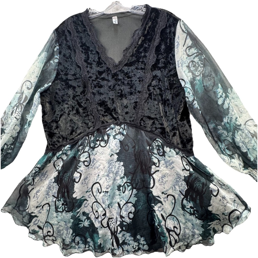 Black Velvet Burnout LS Top Women's Size XL Sheer Sleeves Dark Fairy Goth Vamp